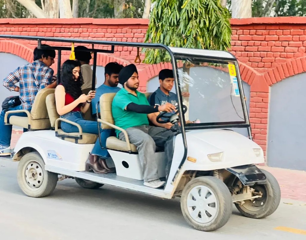 EVYo! electric golf cart exterior at Thapar campus Patiala — moving billboard advertising