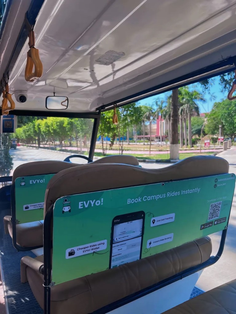 EVYo! electric golf cart interior showing seat-back advertising space at Thapar Institute Patiala